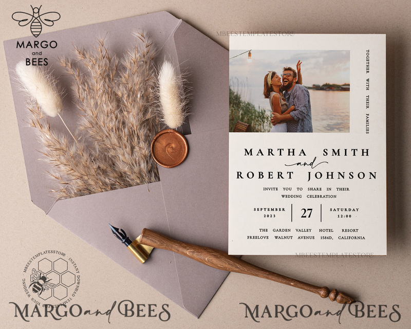 Minimalist wedding invitation template with Photo, Instant download Invite, Printable Invites For Home Printing, Beige wedding invitations-3