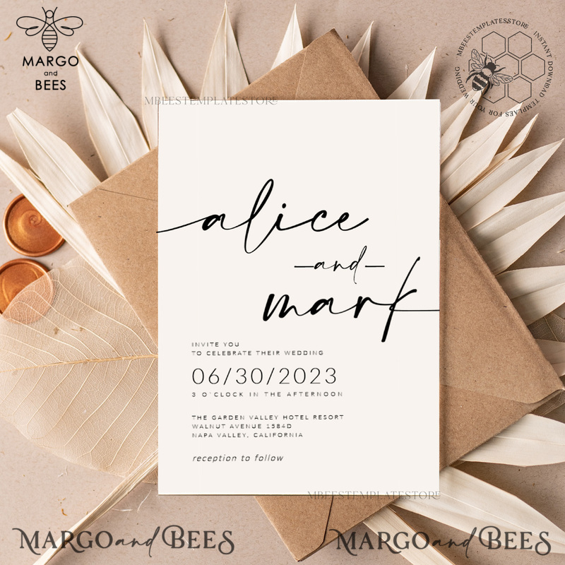 Modern wedding invitation template, Instant download Boho Wedding Invites, Simple Wedding Invitation Printable Template Elegant Invitations-1