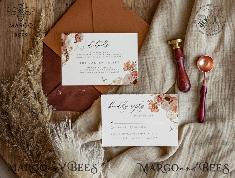 Boho fall wedding Invitations Set Template, Instant Download Printable Invites Home Printing, Terracotta Maroon Wedding Invitation Card Set-2
