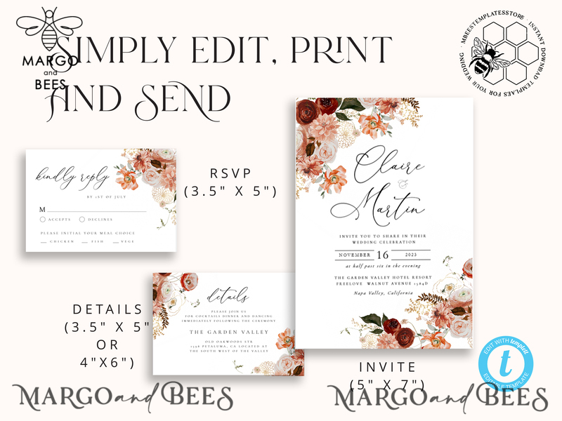 Boho fall wedding Invitations Set Template, Instant Download Printable Invites Home Printing, Terracotta Maroon Wedding Invitation Card Set-4