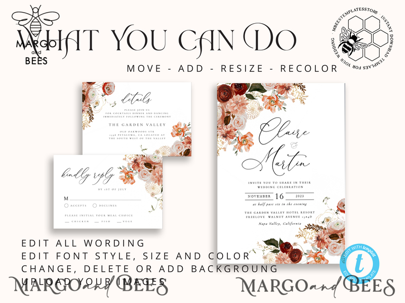 Boho fall wedding Invitations Set Template, Instant Download Printable Invites Home Printing, Terracotta Maroon Wedding Invitation Card Set-5