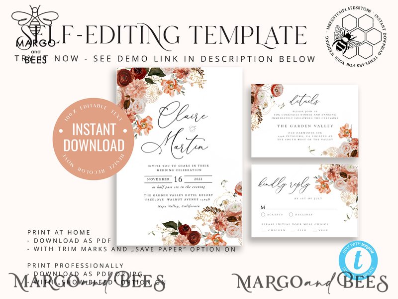 Boho fall wedding Invitations Set Template, Instant Download Printable Invites Home Printing, Terracotta Maroon Wedding Invitation Card Set-6