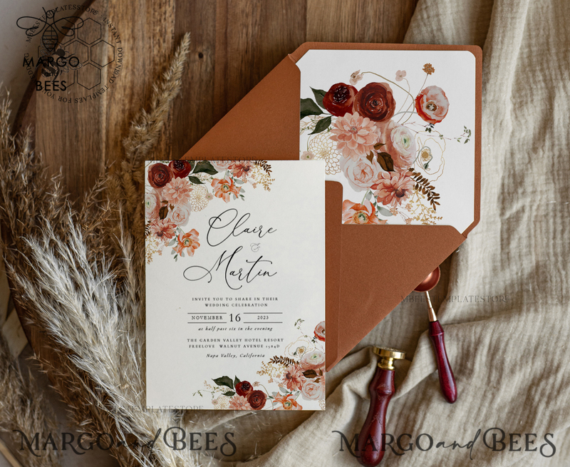 Boho fall wedding Invitations Set Template, Instant Download Printable Invites Home Printing, Terracotta Maroon Wedding Invitation Card Set-1