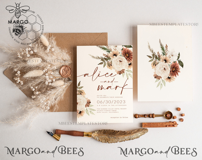 Boho Ivory wedding Invitation Card Template, Instant Download Printable Invite Home Printing, Simple Boho Wedding Invitation Card Set-0
