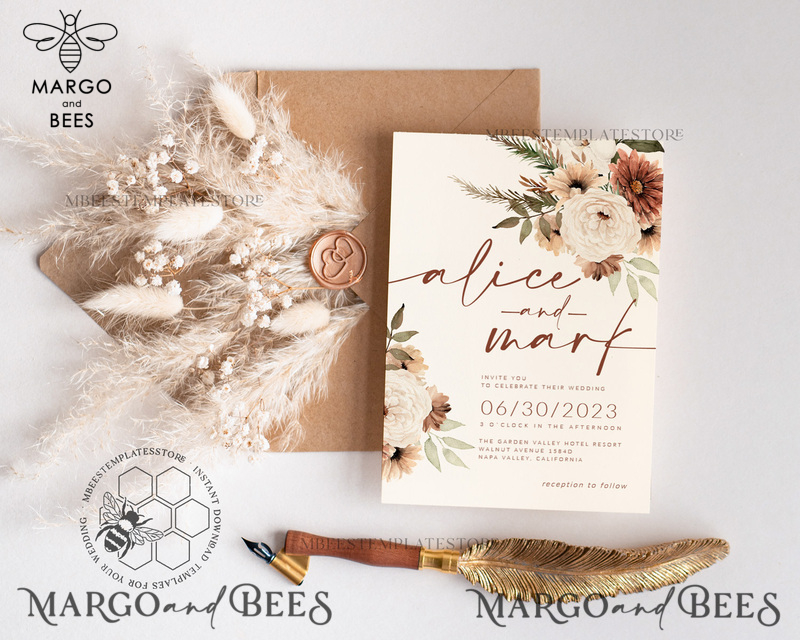Boho Ivory wedding Invitation Card Template, Instant Download Printable Invite Home Printing, Simple Boho Wedding Invitation Card Set-1