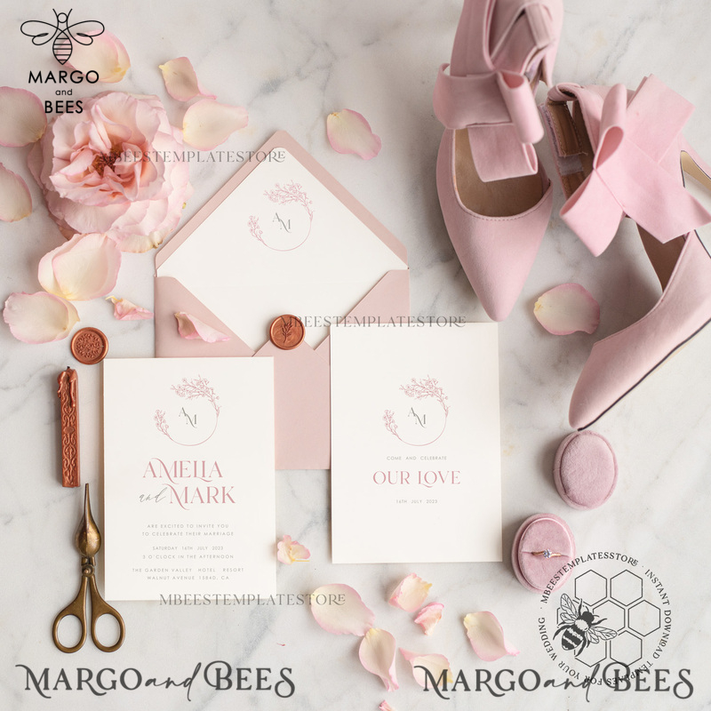 Elegant Blush wedding Invitation Template, Instant Download Printable Invites Home Printing, Pink Wedding Invitation Set Template Cards Set-0