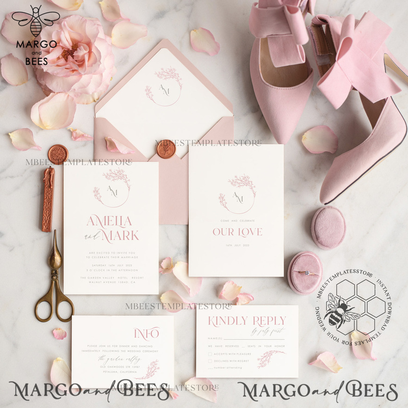 Elegant Blush wedding Invitation Template, Instant Download Printable Invites Home Printing, Pink Wedding Invitation Set Template Cards Set-1