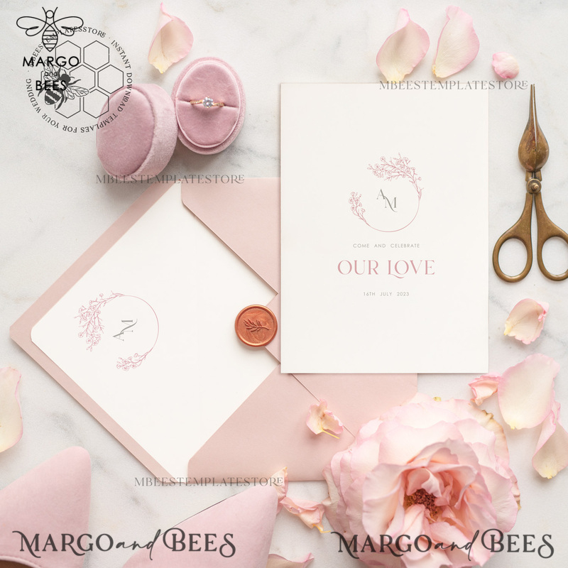 Elegant Blush wedding Invitation Template, Instant Download Printable Invites Home Printing, Pink Wedding Invitation Set Template Cards Set-2