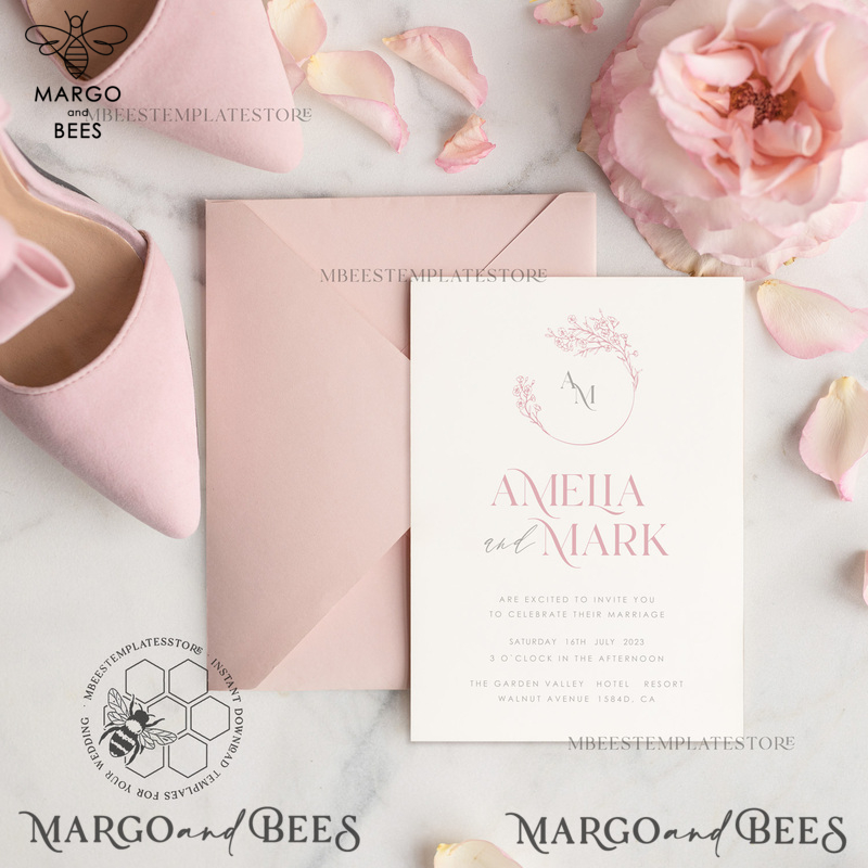 Elegant Blush wedding Invitation Template, Instant Download Printable Invites Home Printing, Pink Wedding Invitation Set Template Cards Set-3