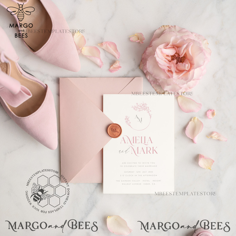Elegant Blush wedding Invitation Template, Instant Download Printable Invites Home Printing, Pink Wedding Invitation Set Template Cards Set-4
