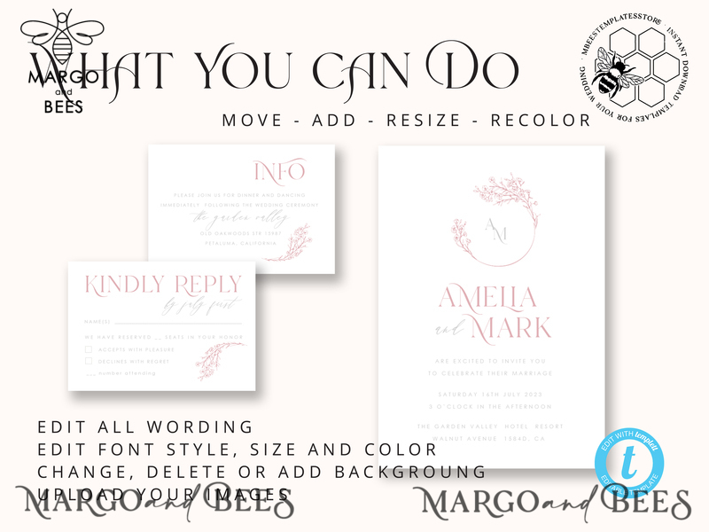 Elegant Blush wedding Invitation Template, Instant Download Printable Invites Home Printing, Pink Wedding Invitation Set Template Cards Set-7