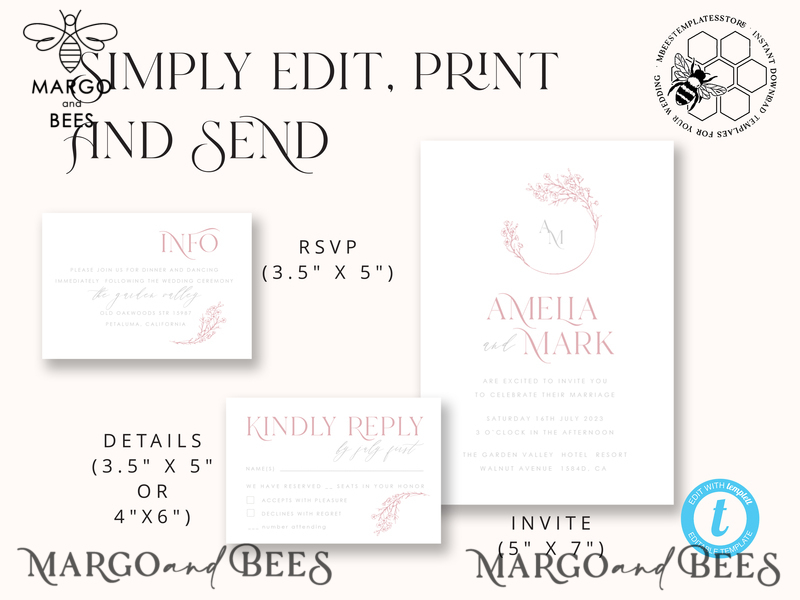 Elegant Blush wedding Invitation Template, Instant Download Printable Invites Home Printing, Pink Wedding Invitation Set Template Cards Set-8