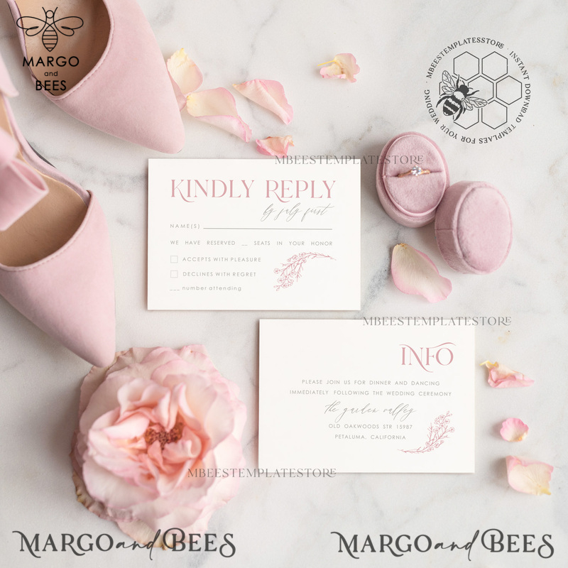 Elegant Blush wedding Invitation Template, Instant Download Printable Invites Home Printing, Pink Wedding Invitation Set Template Cards Set-5