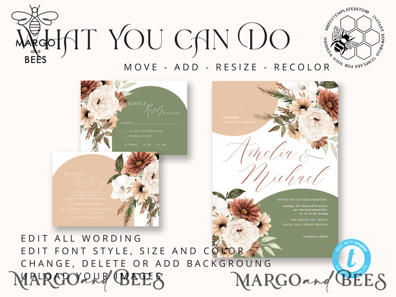 Sage Green wedding invitation template, Instant download Boho Wedding Invites, Arch Garden Wedding Invitation Printable Template-4