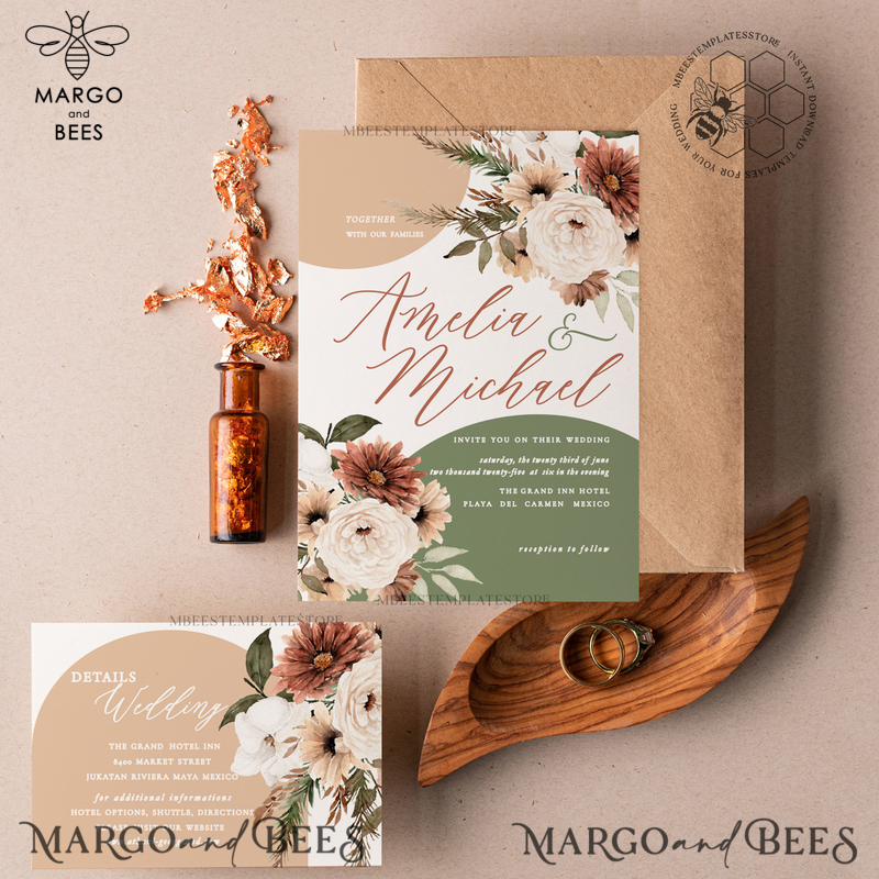 Sage Green wedding invitation template, Instant download Boho Wedding Invites, Arch Garden Wedding Invitation Printable Template-1