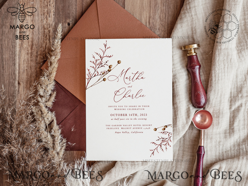 Boho fall wedding Invitations Set Template, Instant Download Printable Invites Home Printing, Terracotta Autumn Simple Invitation Card Set-1