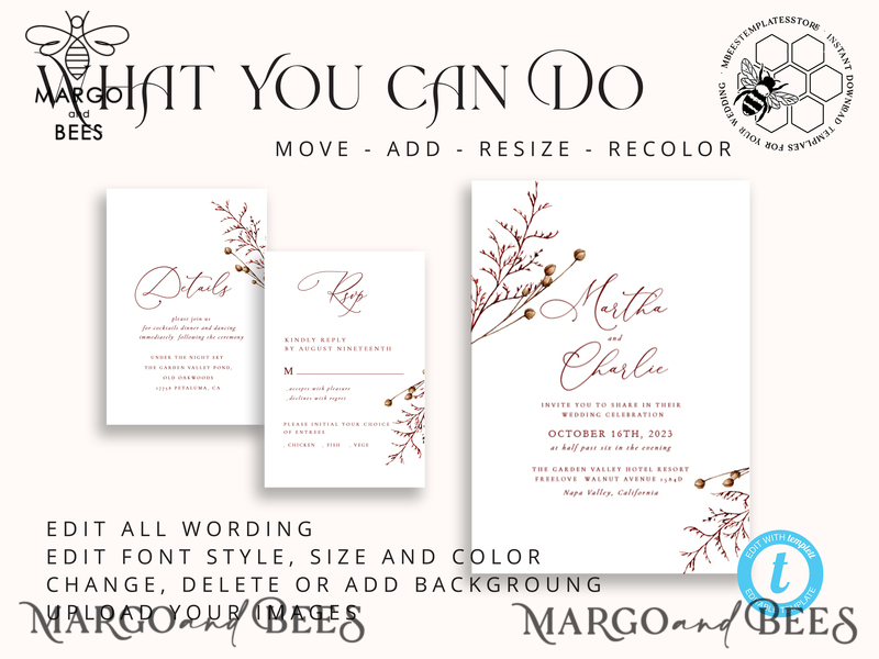 Boho fall wedding Invitations Set Template, Instant Download Printable Invites Home Printing, Terracotta Autumn Simple Invitation Card Set-3