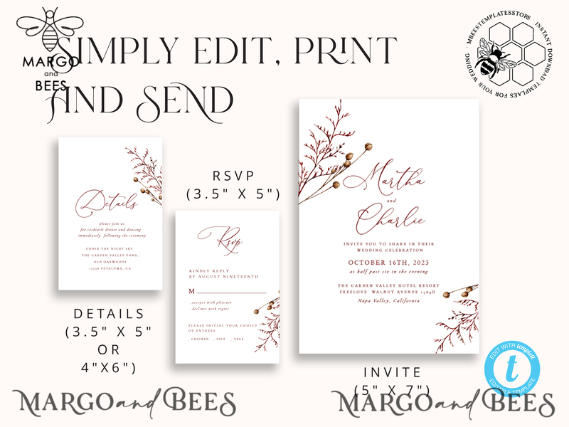 Boho fall wedding Invitations Set Template, Instant Download Printable Invites Home Printing, Terracotta Autumn Simple Invitation Card Set-7