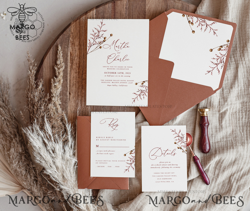 Boho fall wedding Invitations Set Template, Instant Download Printable Invites Home Printing, Terracotta Autumn Simple Invitation Card Set-0