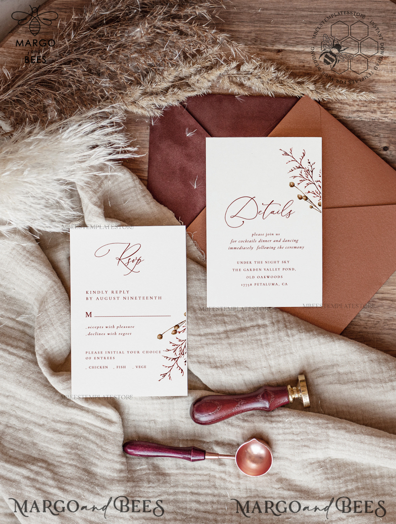 Boho fall wedding Invitations Set Template, Instant Download Printable Invites Home Printing, Terracotta Autumn Simple Invitation Card Set-2