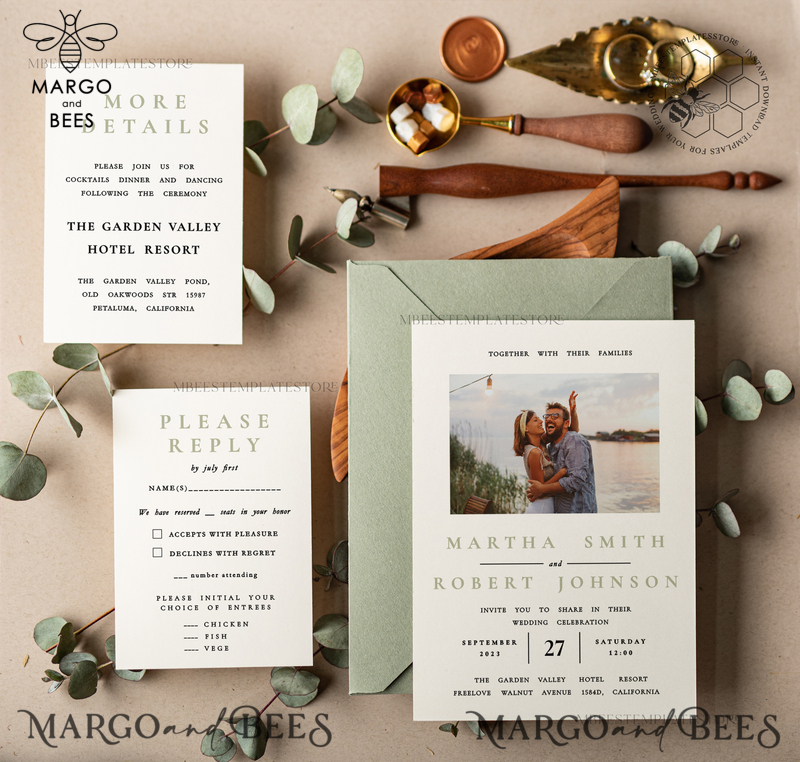 Sage Green wedding Invitation Template with Photo, Instant Download Printable Invites Home Printing, Greenery Boho Wedding Invitation Cards-0