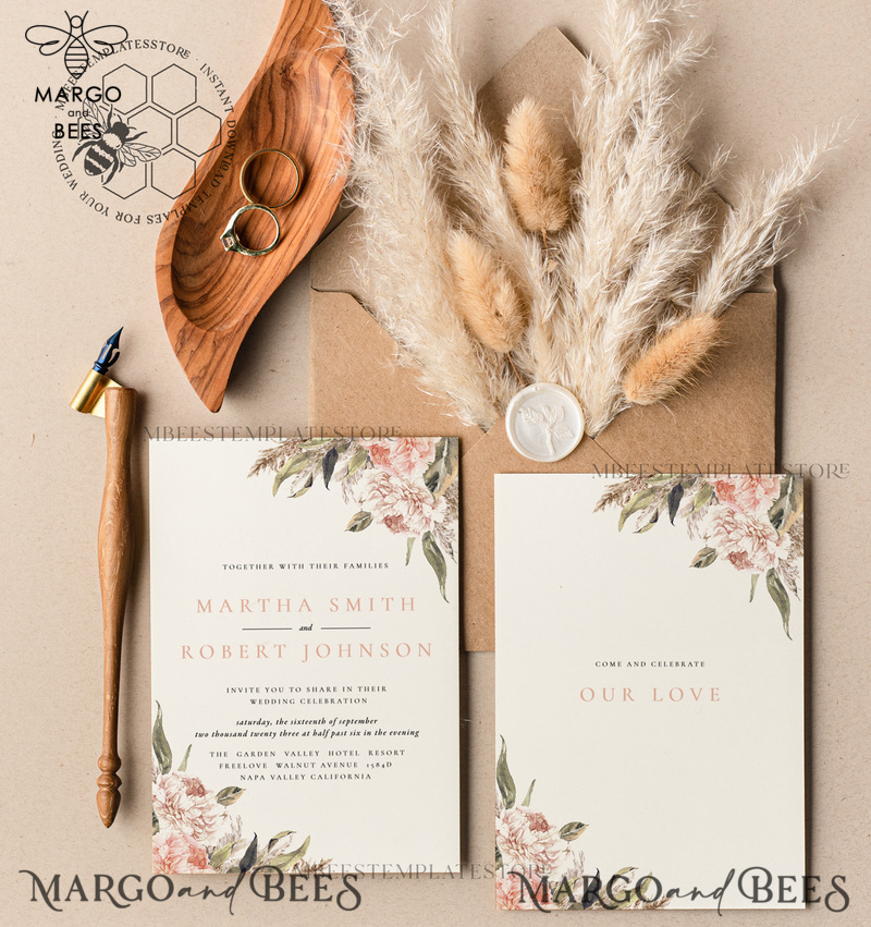 Rustic Pampass wedding Invitations Set Template, Instant Download Printable Invites Home Printing, Simple Boho Wedding Invitation Card Set-1