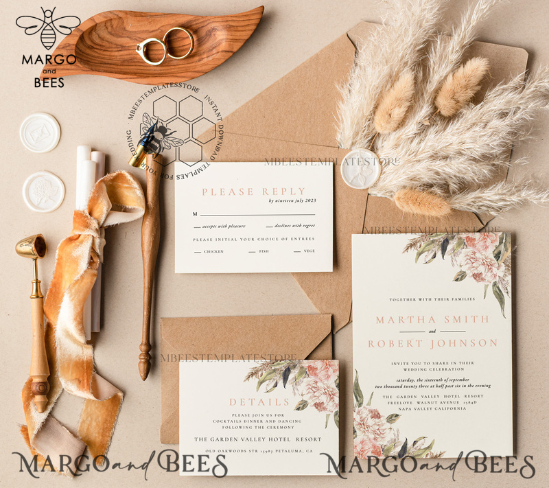 Rustic Pampass wedding Invitations Set Template, Instant Download Printable Invites Home Printing, Simple Boho Wedding Invitation Card Set-2