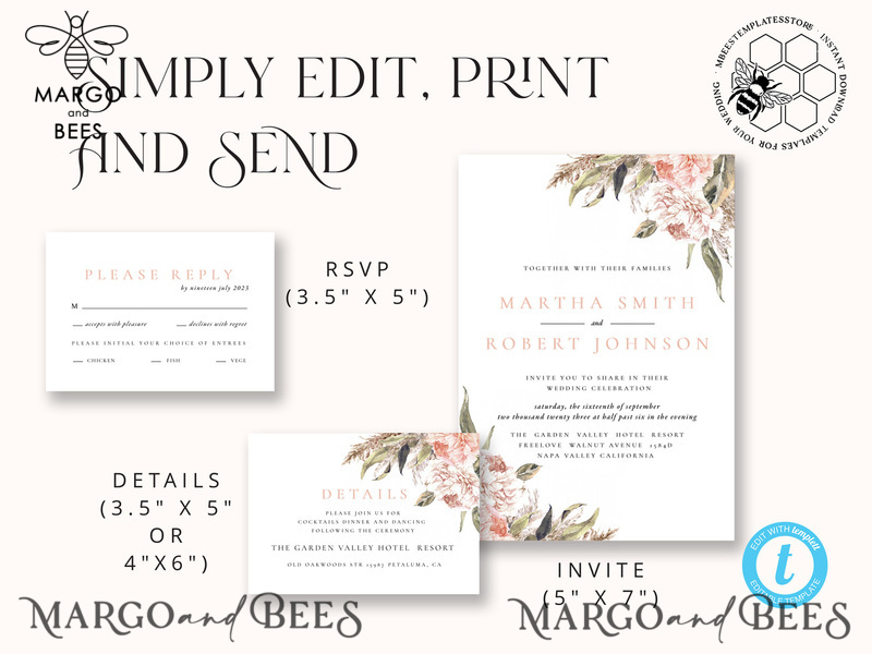 Rustic Pampass wedding Invitations Set Template, Instant Download Printable Invites Home Printing, Simple Boho Wedding Invitation Card Set-5