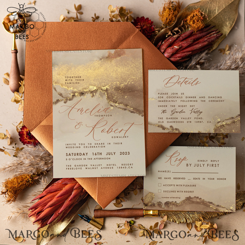 Modern Glam wedding Invitation Template, Instant Download Printable Invites Home Printing, Gold Boho Wedding Invitation Card Set terracotta-1