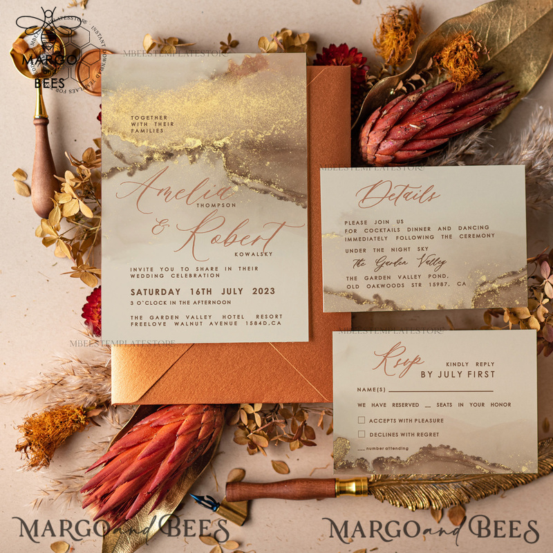 Modern Glam wedding Invitation Template, Instant Download Printable Invites Home Printing, Gold Boho Wedding Invitation Card Set terracotta-0