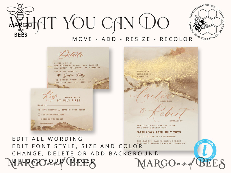 Modern Glam wedding Invitation Template, Instant Download Printable Invites Home Printing, Gold Boho Wedding Invitation Card Set terracotta-6