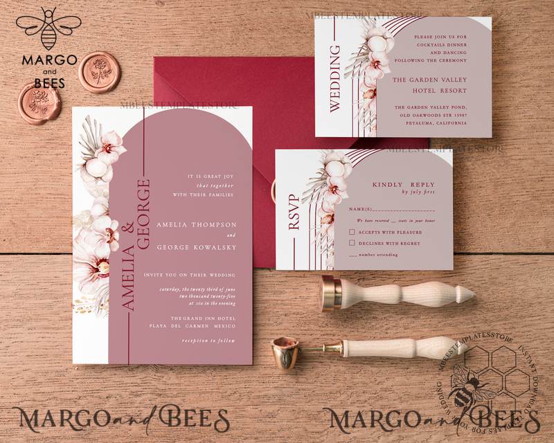 Arch Maroon wedding invitation template, Instant download Invite, Printable Invites For Home Printing, mauve boho wedding invitations-0