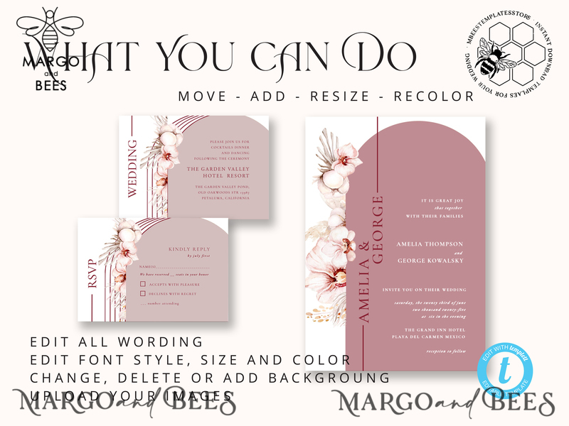 Arch Maroon wedding invitation template, Instant download Invite, Printable Invites For Home Printing, mauve boho wedding invitations-4