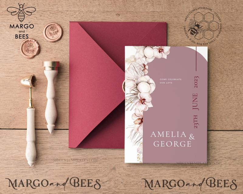 Arch Maroon wedding invitation template, Instant download Invite, Printable Invites For Home Printing, mauve boho wedding invitations-1