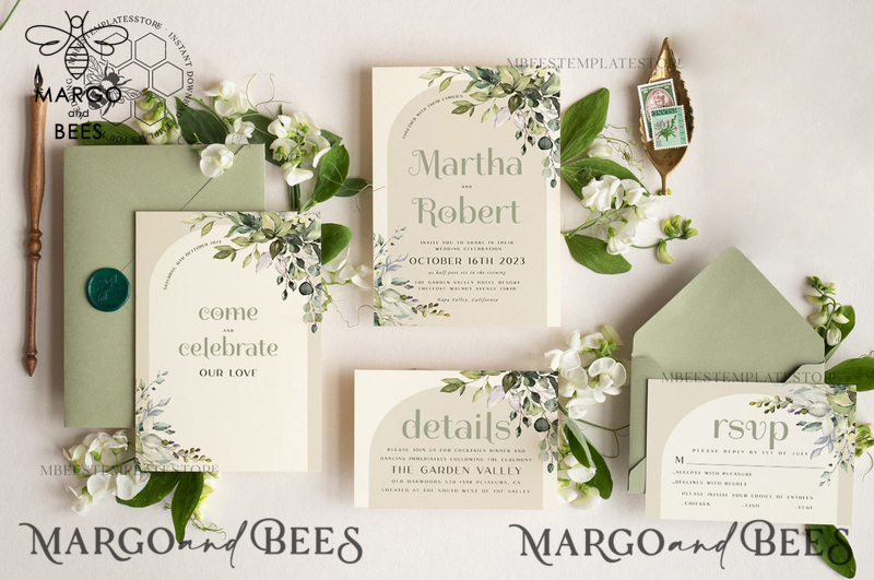 Boho Sage Green wedding Invitations Set Template, Instant Download Printable Invites Home Printing, Simple  Wedding Invitation Card, WBoho15-2