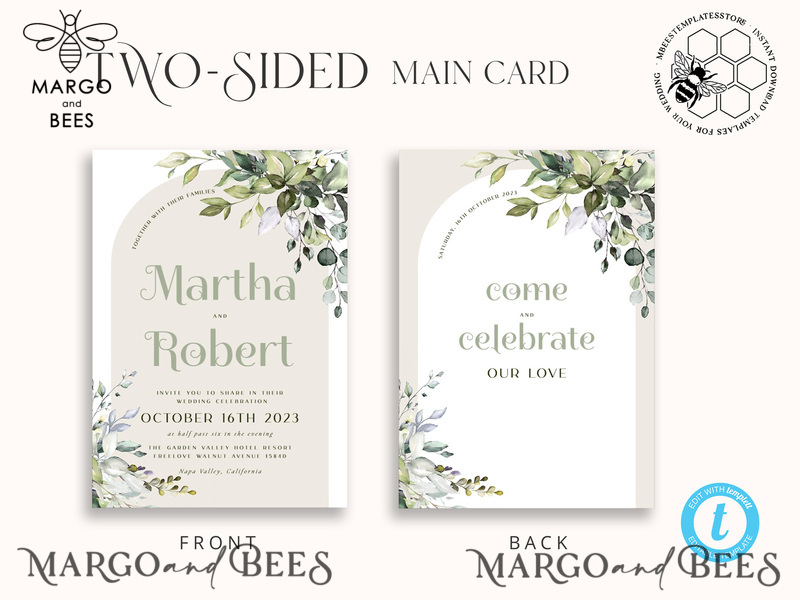 Boho Sage Green wedding Invitations Set Template, Instant Download Printable Invites Home Printing, Simple  Wedding Invitation Card, WBoho15-3