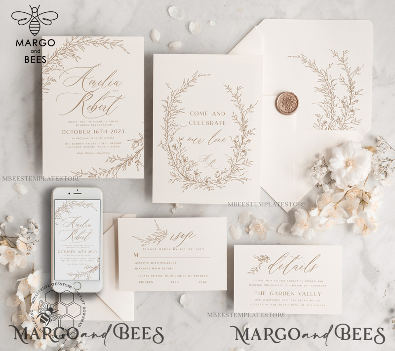 Fine Art Blush wedding Invitations Evite Set Template, Instant Download Printable Invites Home Printing, Boho Chick Invitation Set WBoho17-0