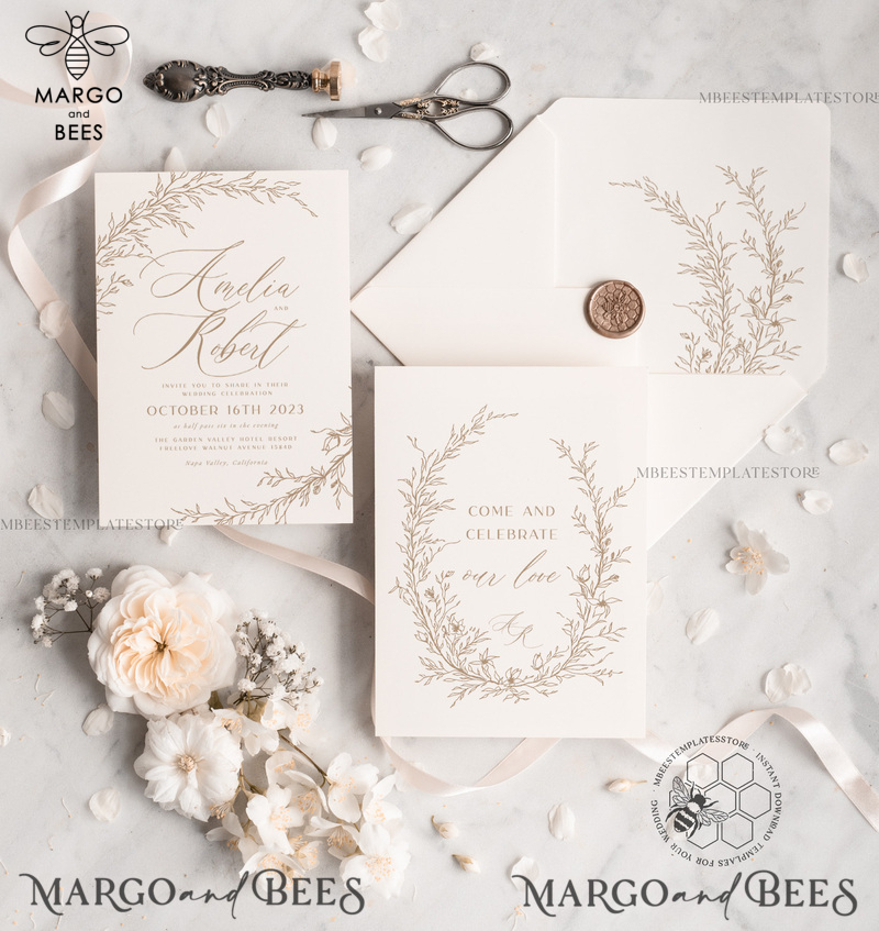 Fine Art Blush wedding Invitations Evite Set Template, Instant Download Printable Invites Home Printing, Boho Chick Invitation Set WBoho17-2