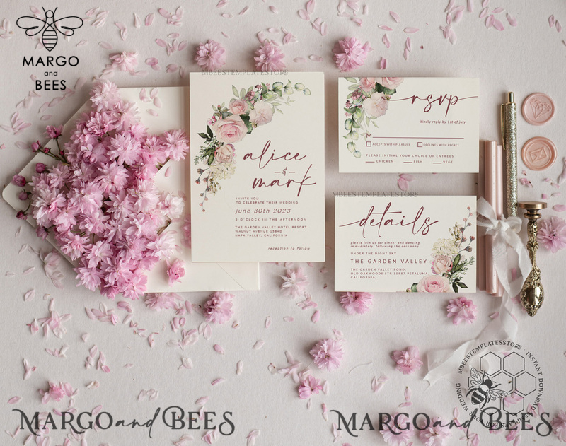 Elegant Blush wedding Invitation Template, Instant Download Printable Invites Home Printing, Pink Roses Wedding Invitation Card Set Template-0