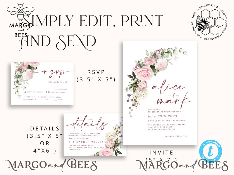 Elegant Blush wedding Invitation Template, Instant Download Printable Invites Home Printing, Pink Roses Wedding Invitation Card Set Template-5