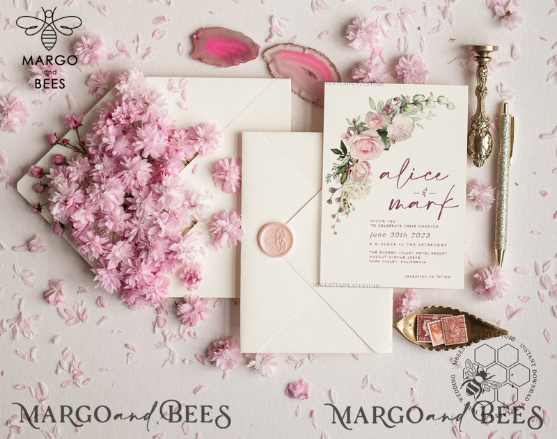 Elegant Blush wedding Invitation Template, Instant Download Printable Invites Home Printing, Pink Roses Wedding Invitation Card Set Template-1