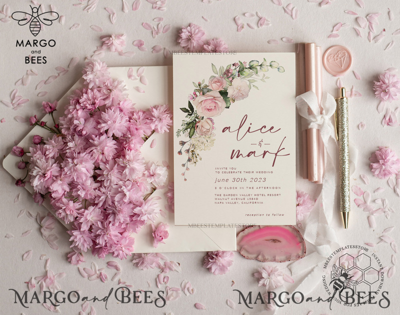 Elegant Blush wedding Invitation Template, Instant Download Printable Invites Home Printing, Pink Roses Wedding Invitation Card Set Template-3