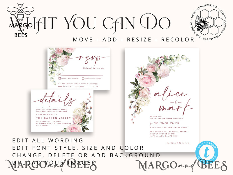 Elegant Blush wedding Invitation Template, Instant Download Printable Invites Home Printing, Pink Roses Wedding Invitation Card Set Template-7
