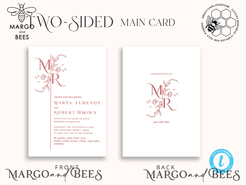 Modern wedding Invitations Set Template, Instant Download Printable Invites Home Printing, Simple Elegant Wedding Invitation Card Set WMin1-5