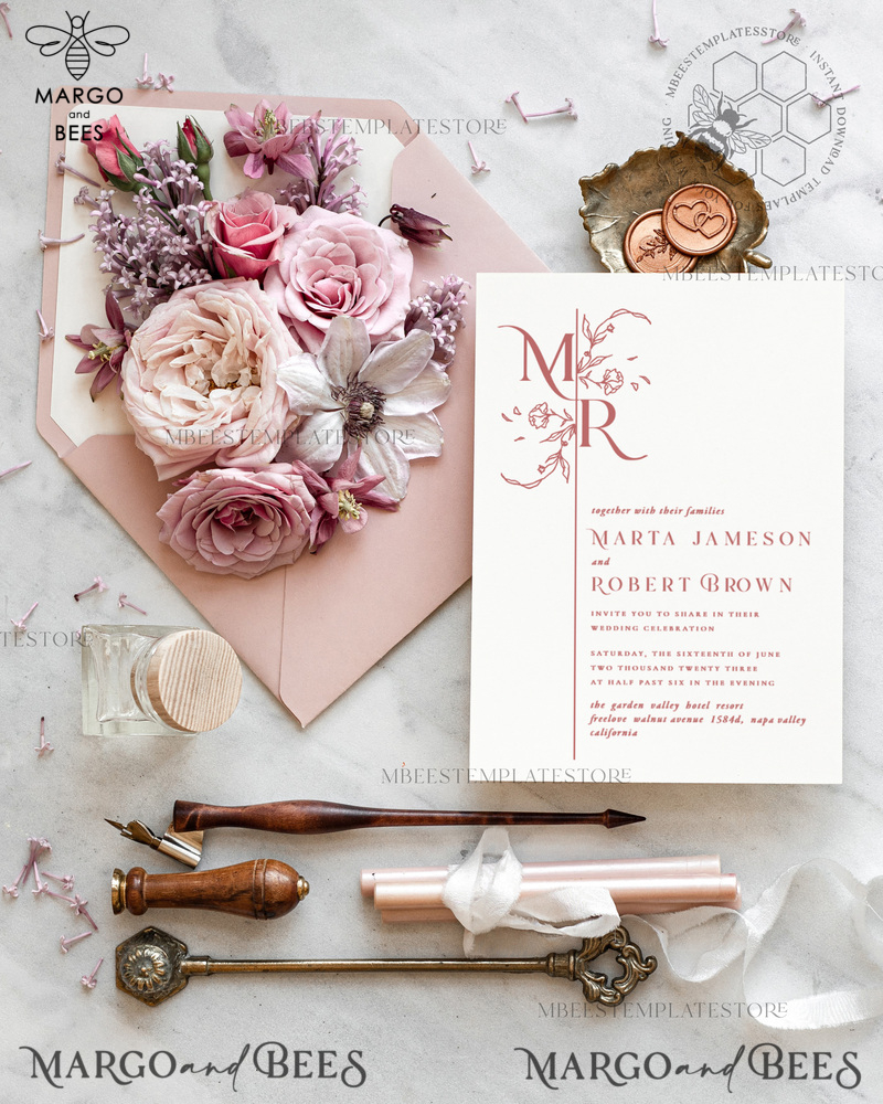 Modern wedding Invitations Set Template, Instant Download Printable Invites Home Printing, Simple Elegant Wedding Invitation Card Set WMin1-3
