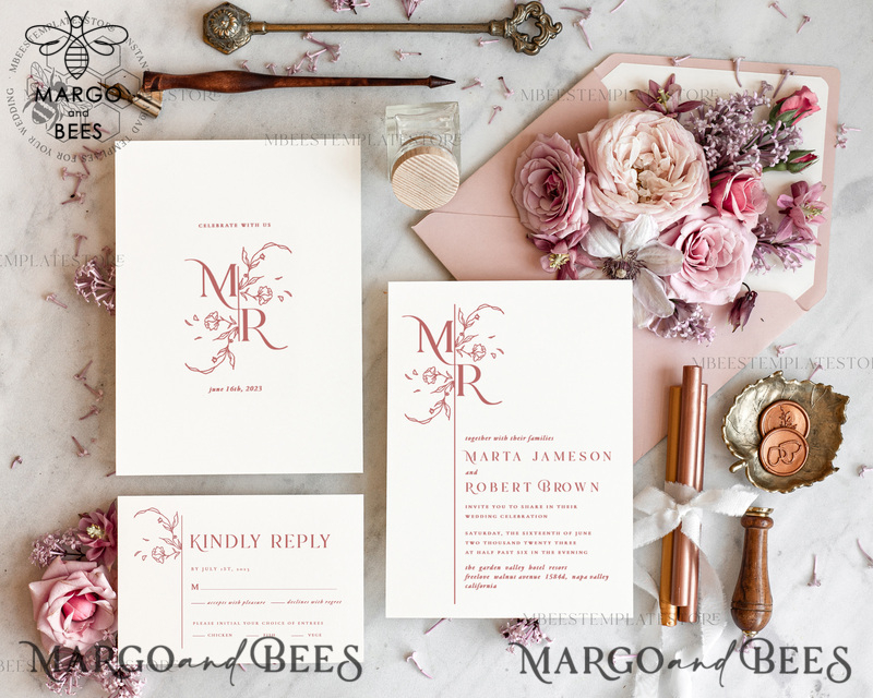 Modern wedding Invitations Set Template, Instant Download Printable Invites Home Printing, Simple Elegant Wedding Invitation Card Set WMin1-1