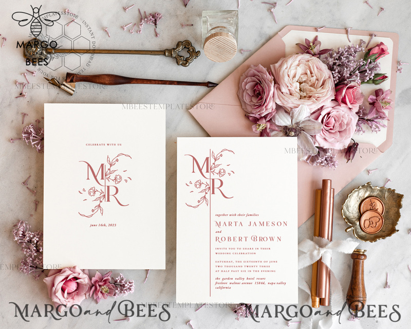 Modern wedding Invitations Set Template, Instant Download Printable Invites Home Printing, Simple Elegant Wedding Invitation Card Set WMin1-2
