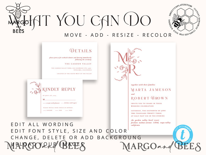 Modern wedding Invitations Set Template, Instant Download Printable Invites Home Printing, Simple Elegant Wedding Invitation Card Set WMin1-6