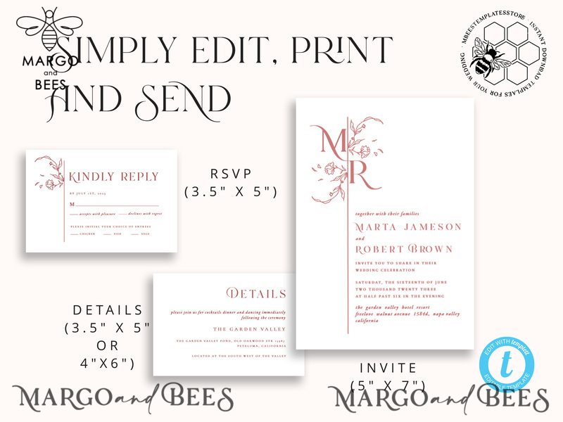 Modern wedding Invitations Set Template, Instant Download Printable Invites Home Printing, Simple Elegant Wedding Invitation Card Set WMin1-7