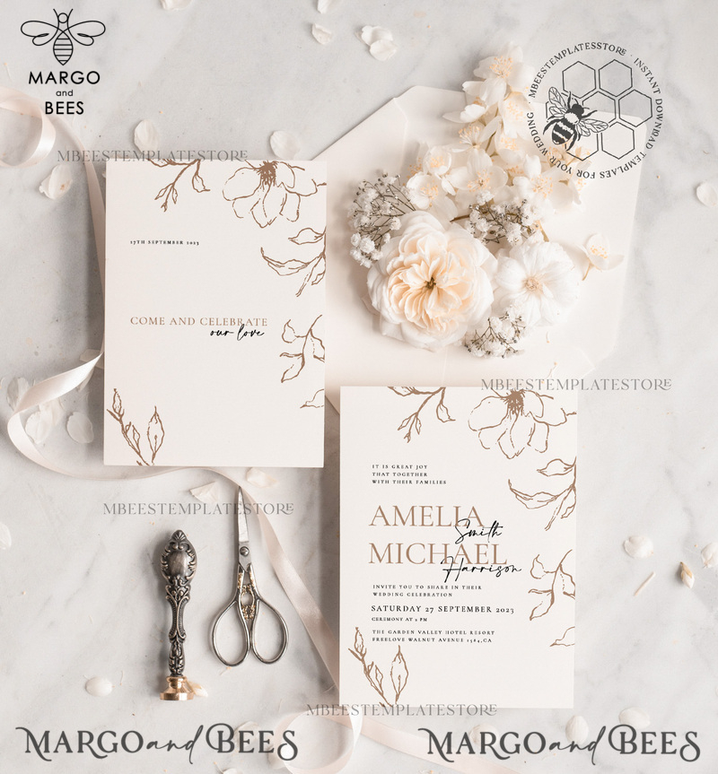 Fine art beige wedding invitation template, Instant download Boho Wedding Invites, Simple nude Invitation Printable Template Elegant Invites-1